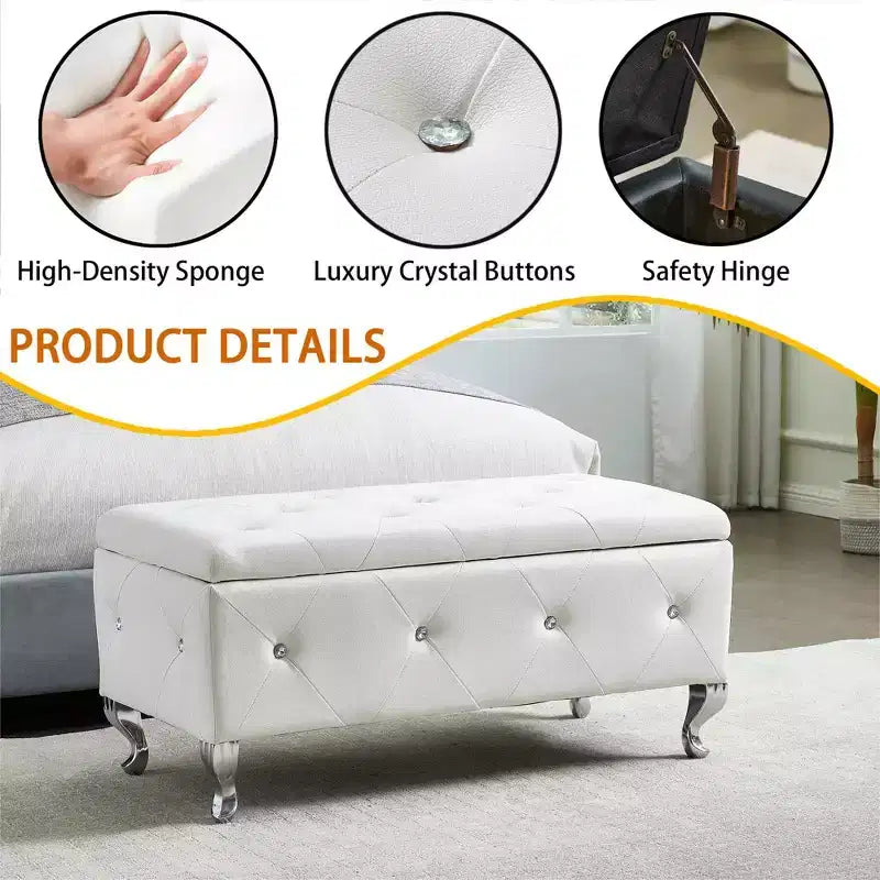 TUYOHW Banc de rangement en similicuir blanc, pouf avec boutons en cristal, pieds en métal, banc repose-pieds rectangulaire rembourré pour chambre à coucher, salon