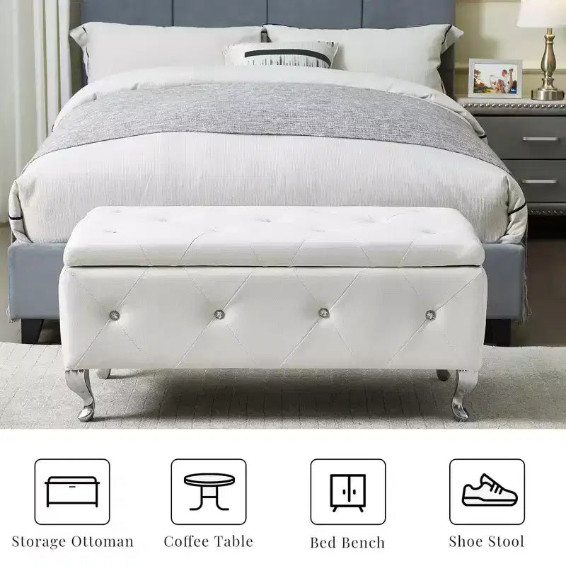 TUYOHW Banc de rangement en similicuir blanc, pouf avec boutons en cristal, pieds en métal, banc repose-pieds rectangulaire rembourré pour chambre à coucher, salon