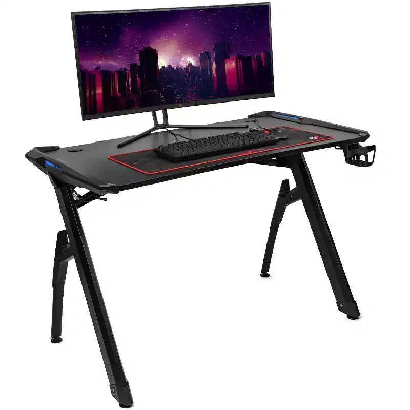 Bureau de jeu Deco Gear 47 LED, surface en fibre de carbone, gestion des câbles et crochet pour casque