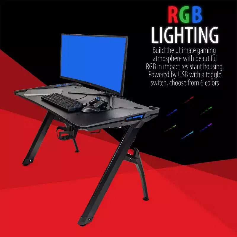 Bureau de jeu Deco Gear 47 LED, surface en fibre de carbone, gestion des câbles et crochet pour casque