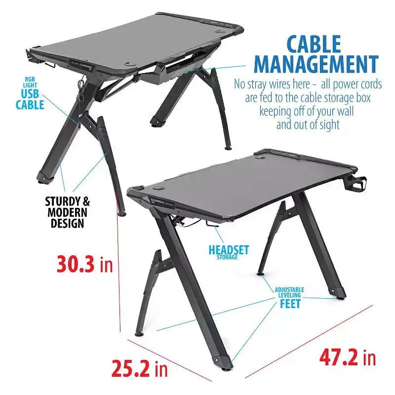 Bureau de jeu Deco Gear 47 LED, surface en fibre de carbone, gestion des câbles et crochet pour casque