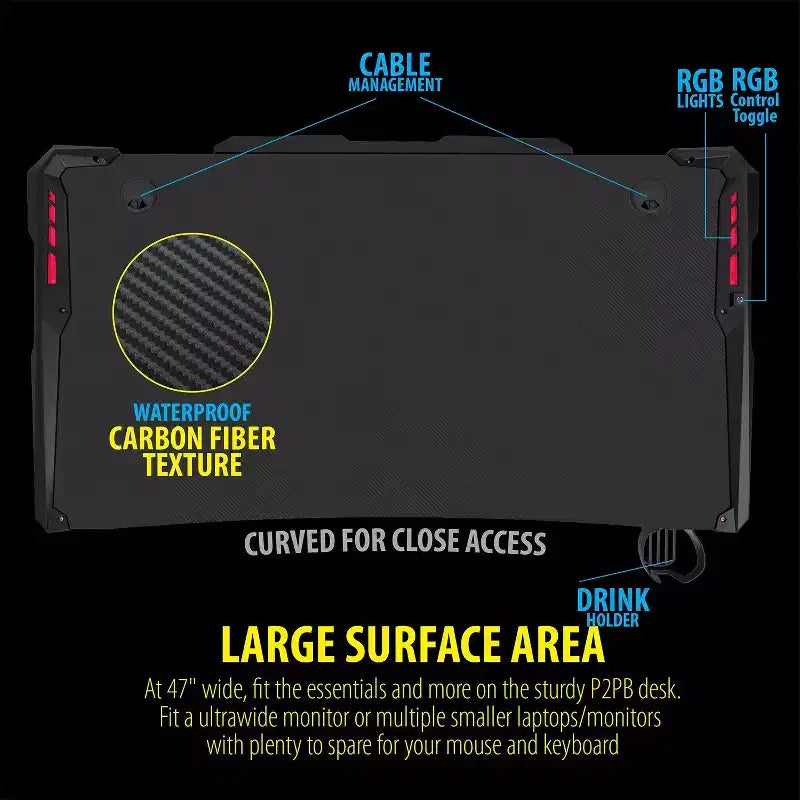Bureau de jeu Deco Gear 47 LED, surface en fibre de carbone, gestion des câbles et crochet pour casque
