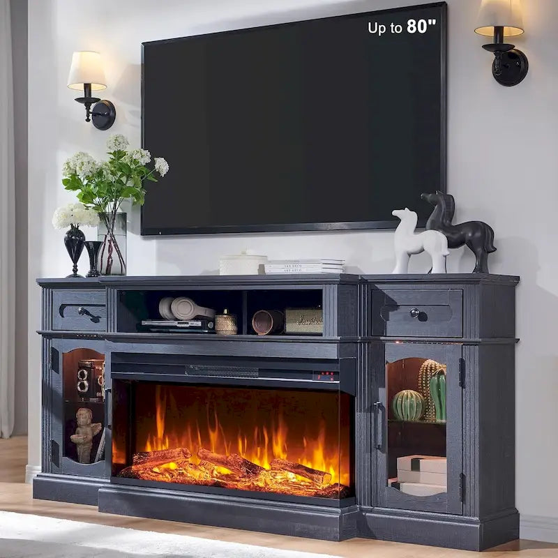 Meuble TV avec cheminée électrique et rangement, convient aux téléviseurs jusqu'à 80 pouces