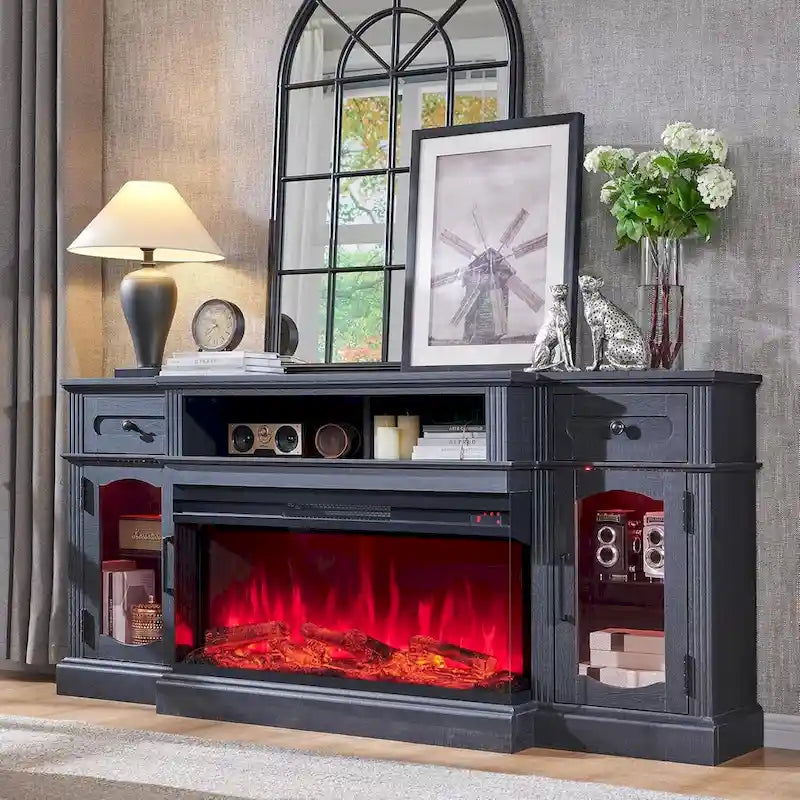 Meuble TV avec cheminée électrique et rangement, convient aux téléviseurs jusqu'à 80 pouces