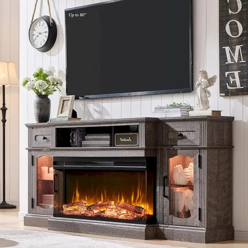 Meuble TV avec cheminée électrique et rangement, convient aux téléviseurs jusqu'à 80 pouces