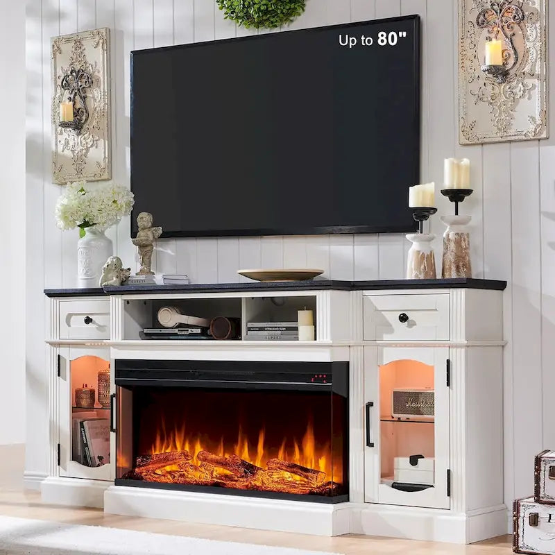 Meuble TV avec cheminée électrique et rangement, convient aux téléviseurs jusqu'à 80 pouces