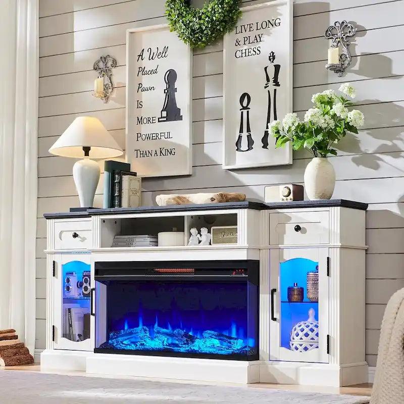 Meuble TV avec cheminée électrique et rangement, convient aux téléviseurs jusqu'à 80 pouces