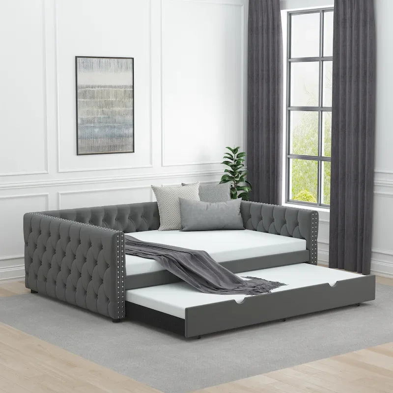 Lit de repos en velours pleine grandeur avec lit gigogne – Gris