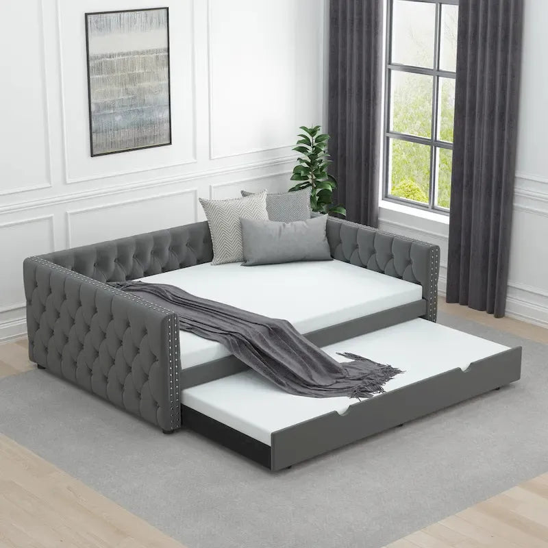 Lit de repos en velours pleine grandeur avec lit gigogne – Gris
