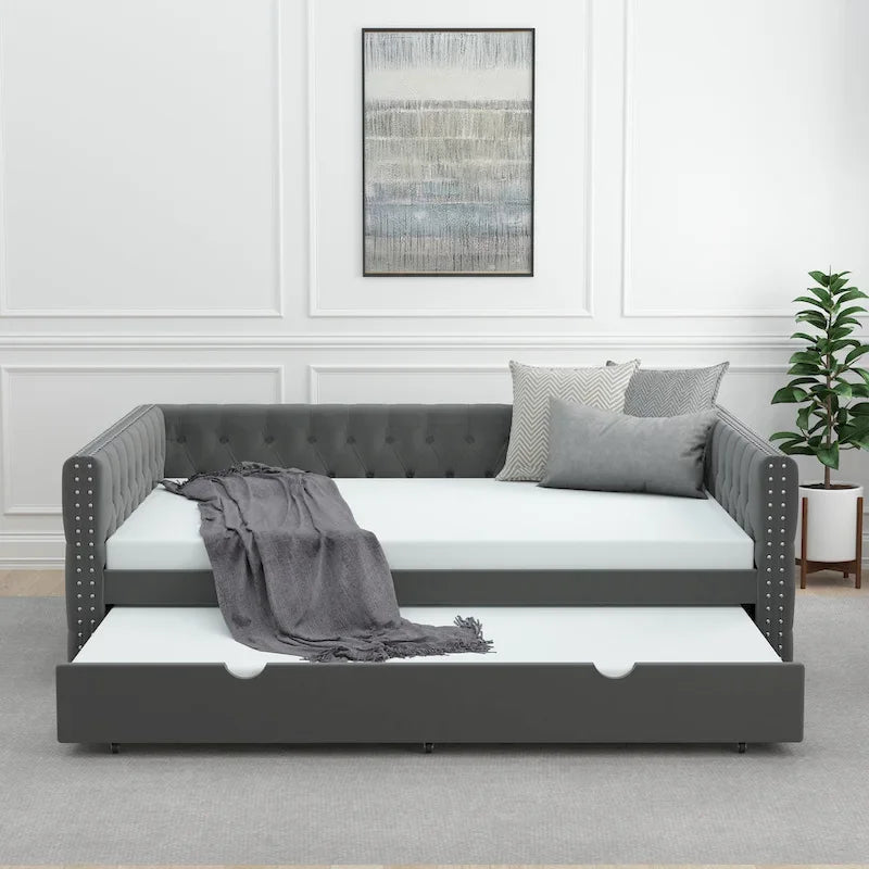 Lit de repos en velours pleine grandeur avec lit gigogne – Gris