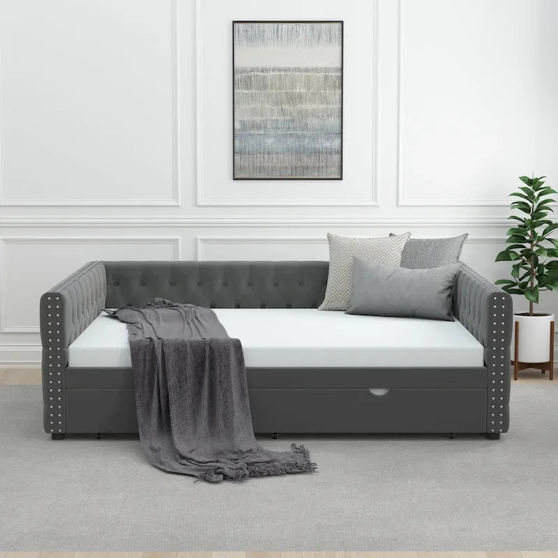Lit de repos en velours pleine grandeur avec lit gigogne – Gris