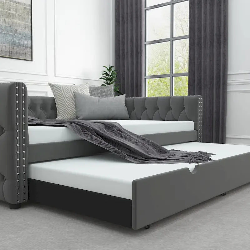 Lit de repos en velours pleine grandeur avec lit gigogne – Gris