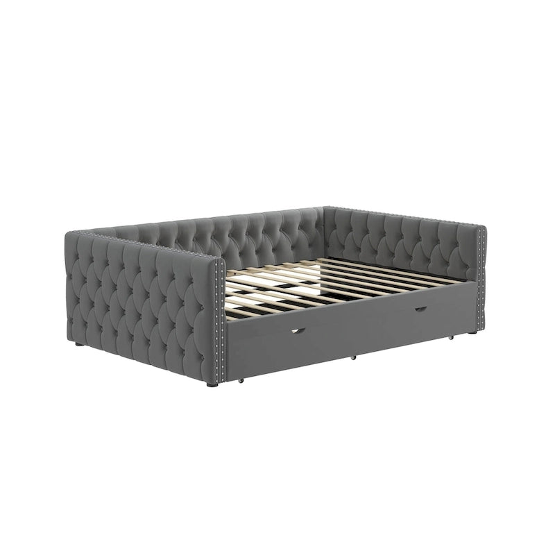 Lit de repos en velours pleine grandeur avec lit gigogne – Gris