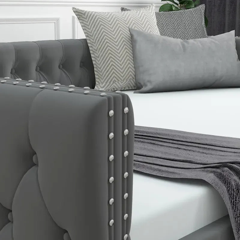 Lit de repos en velours pleine grandeur avec lit gigogne – Gris