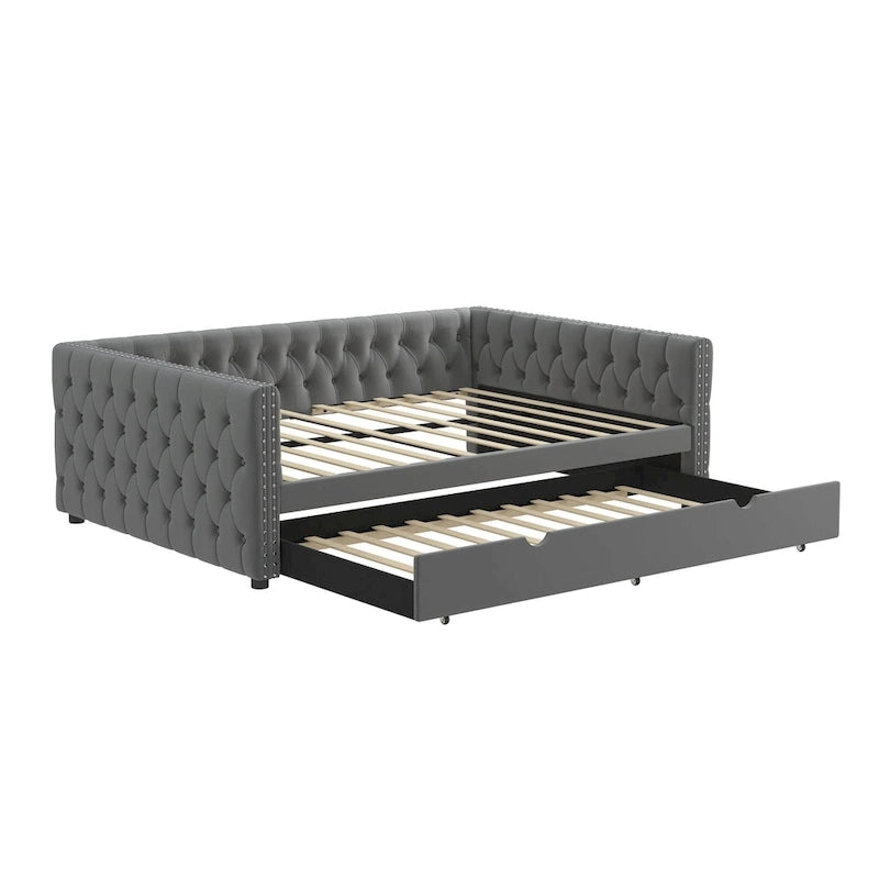Lit de repos en velours pleine grandeur avec lit gigogne – Gris