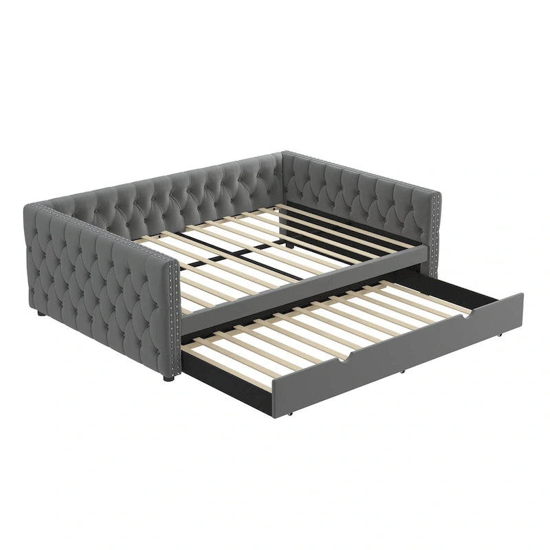 Lit de repos en velours pleine grandeur avec lit gigogne – Gris