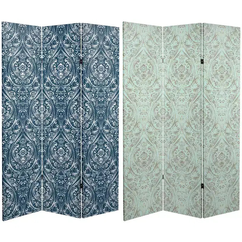6" Double Sided Ocean Damask Canvas Room Divider Blue - Oriental Furniture: No Assembly, 3 Panels