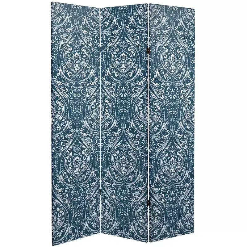Paravent Damassé Océan Double Face 6" Toile Bleu - Meuble Oriental : Aucun Assemblage Requis, 3 Panneaux