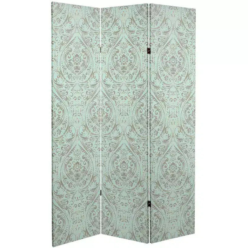 Paravent Damassé Océan Double Face 6" Toile Bleu - Meuble Oriental : Aucun Assemblage Requis, 3 Panneaux