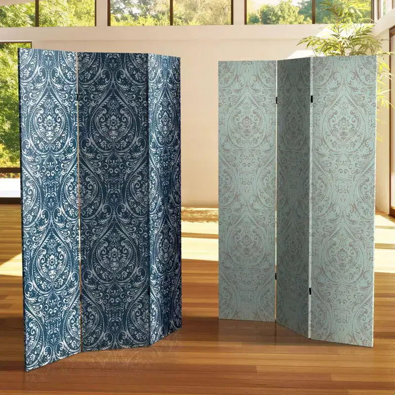 Paravent Damassé Océan Double Face 6" Toile Bleu - Meuble Oriental : Aucun Assemblage Requis, 3 Panneaux