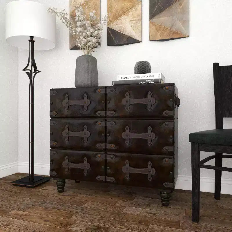 Commode traditionnelle en similicuir noir à 6 tiroirs - Olivia & May : Aucun assemblage requis, Rangement compartimenté