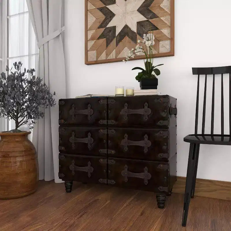 Commode traditionnelle en similicuir noir à 6 tiroirs - Olivia & May : Aucun assemblage requis, Rangement compartimenté
