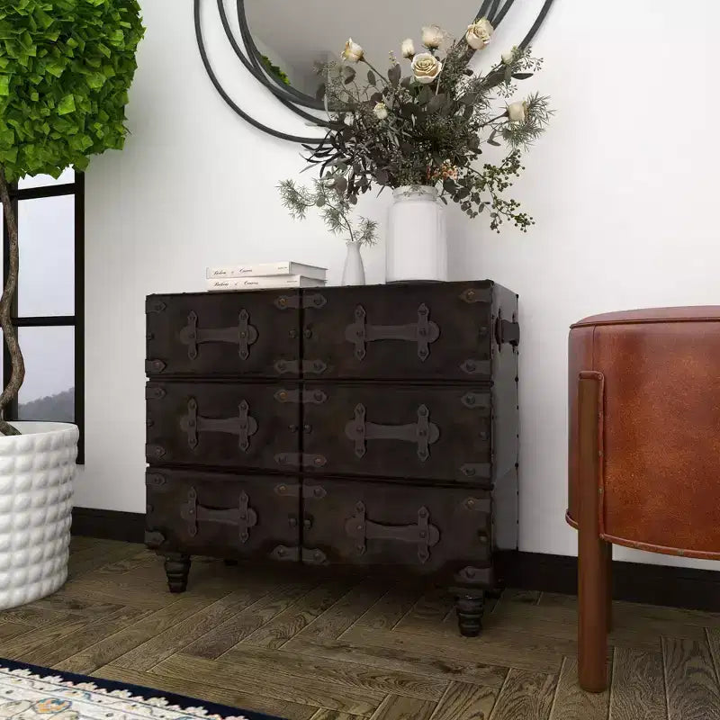Commode traditionnelle en similicuir noir à 6 tiroirs - Olivia & May : Aucun assemblage requis, Rangement compartimenté