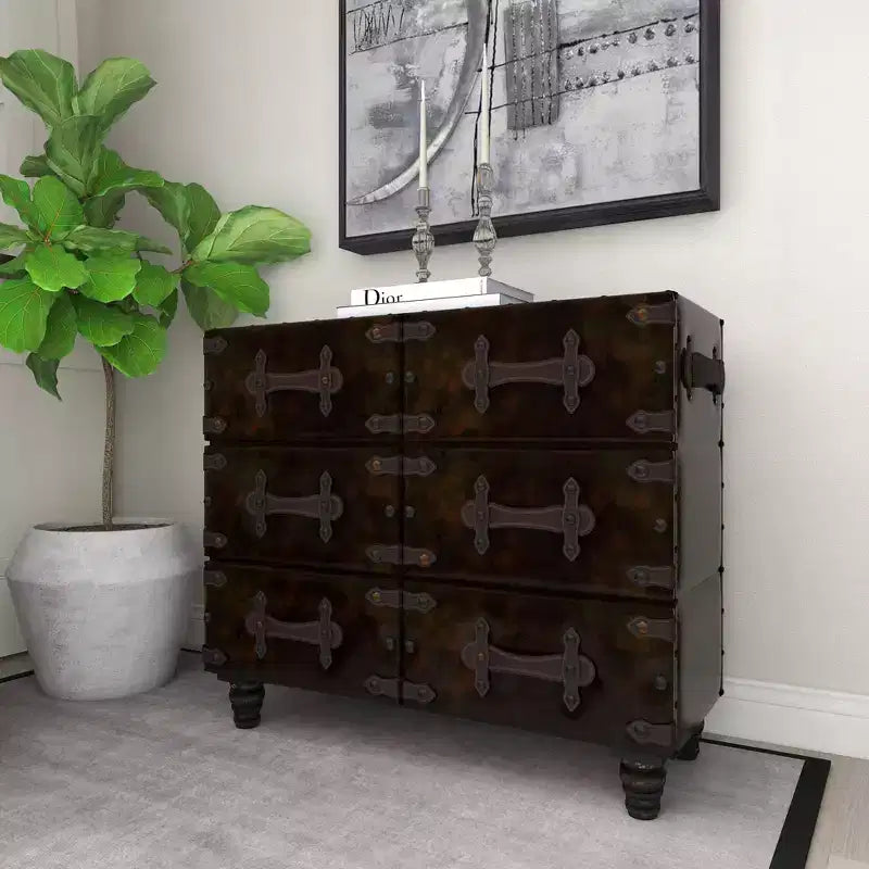 Commode traditionnelle en similicuir noir à 6 tiroirs - Olivia & May : Aucun assemblage requis, Rangement compartimenté