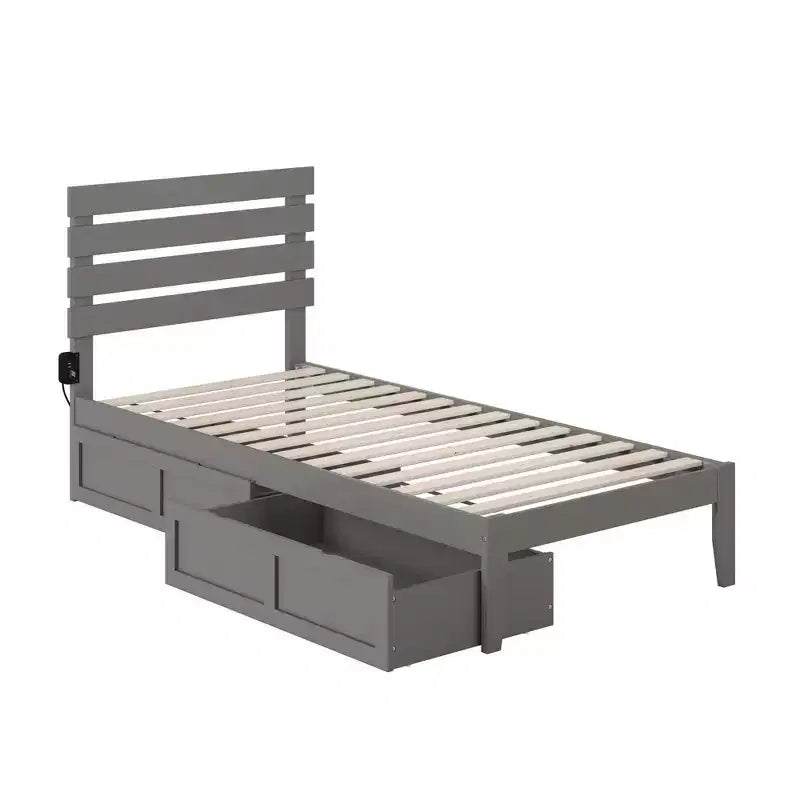 Lit double Oxford avec chargeur USB turbo et 2 tiroirs XL gris – AFI : cadre en bois dur, finition peinte, capacité de 272 kg