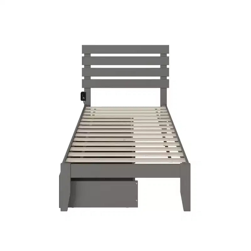 Lit double Oxford avec chargeur USB turbo et 2 tiroirs XL gris – AFI : cadre en bois dur, finition peinte, capacité de 272 kg