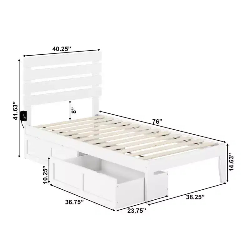 Lit double AFI Twin Oxford avec chargeur USB Turbo : 2 tiroirs sous le lit, sommier tapissier non requis