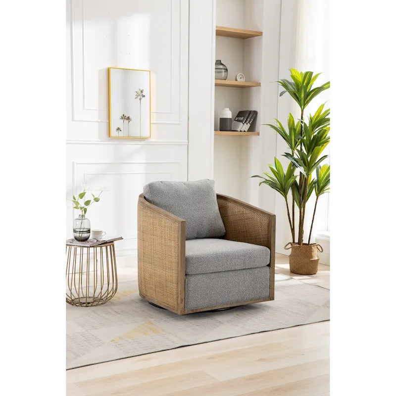 Fauteuil pivotant, fauteuil d'appoint rond confortable, fauteuil club pivotant à 360 degrés, fauteuil de loisirs avec cadre en rotin tressé