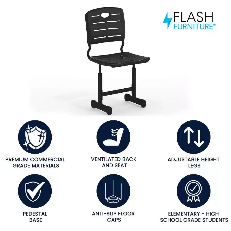 Chaise d'élève noire réglable en hauteur Flash Furniture Nila avec piétement piédestal noir pour l'école, la salle de classe, l'apprentissage à distance