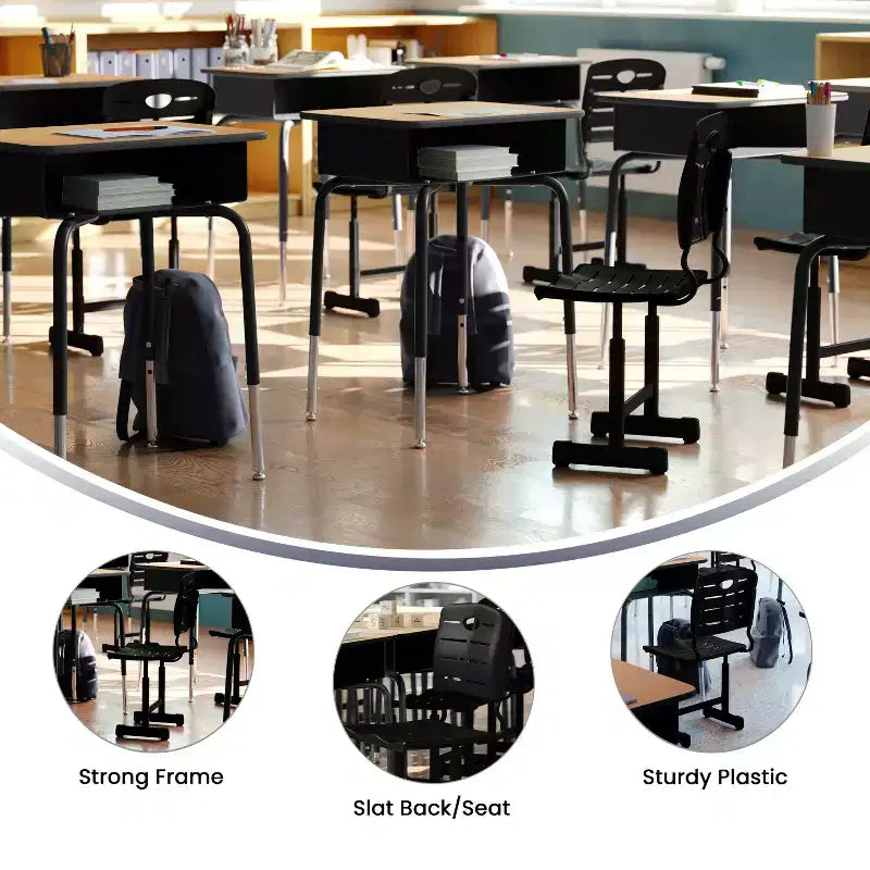 Chaise d'élève noire réglable en hauteur Flash Furniture Nila avec piétement piédestal noir pour l'école, la salle de classe, l'apprentissage à distance