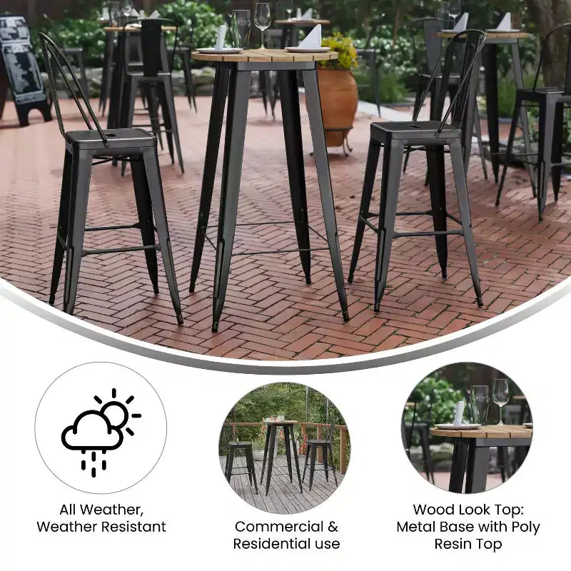 Flash Furniture Declan Table de bar commerciale intérieure/extérieure, plateau rond de 23,75 po en polyrésine toutes saisons avec base en acier