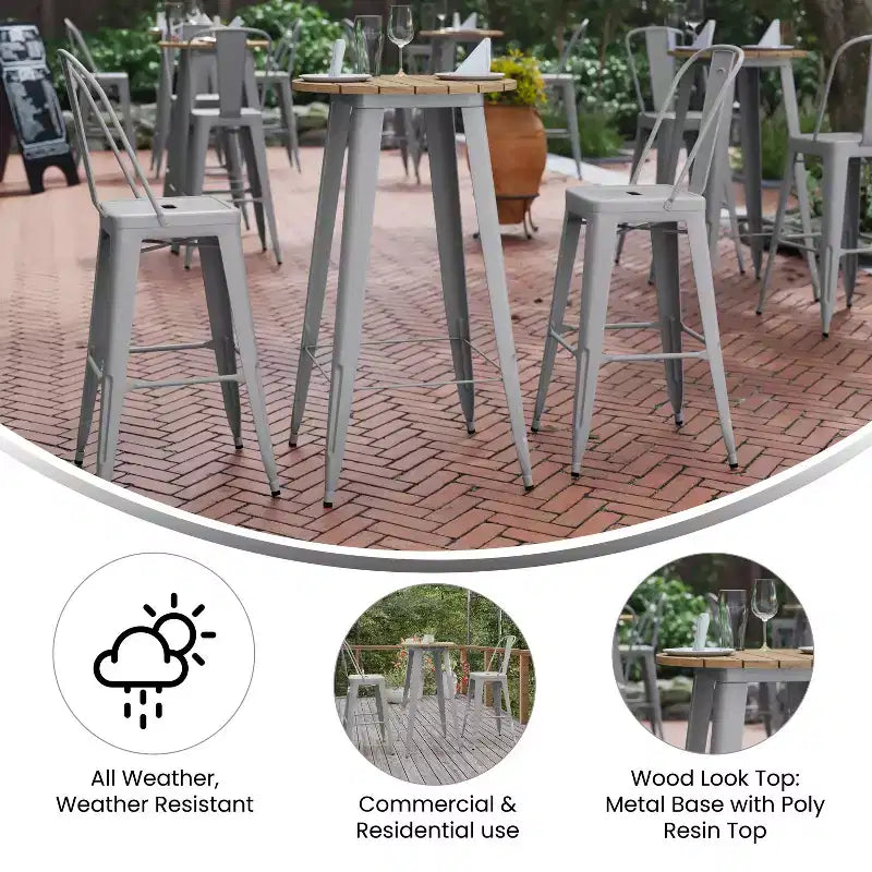 Flash Furniture Declan Table de bar commerciale intérieure/extérieure, plateau rond de 23,75 po en polyrésine toutes saisons avec base en acier