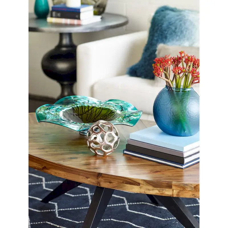 Table basse ovale rustique en bois d'acacia avec pieds tripodes