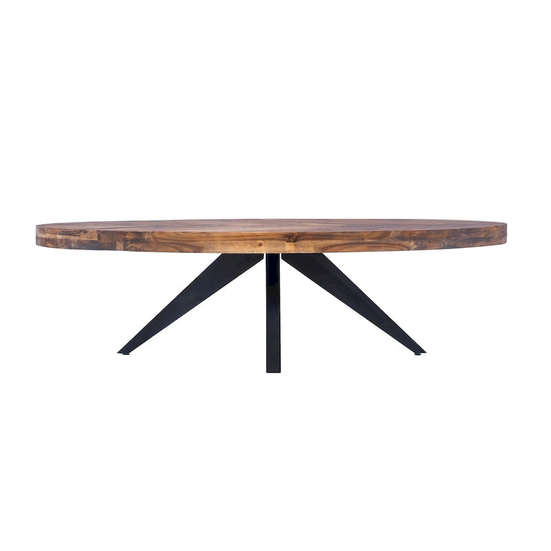 Table basse ovale rustique en bois d'acacia avec pieds tripodes