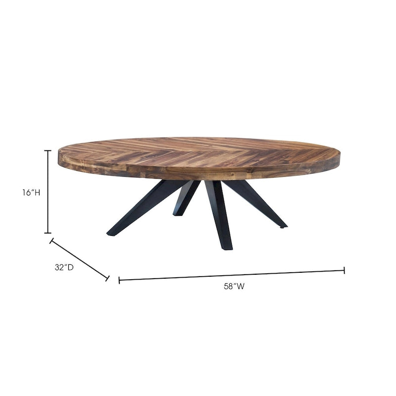 Table basse ovale rustique en bois d'acacia avec pieds tripodes