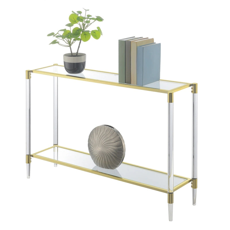 Console 2 plateaux en verre acrylique avec piètement chromé doré
