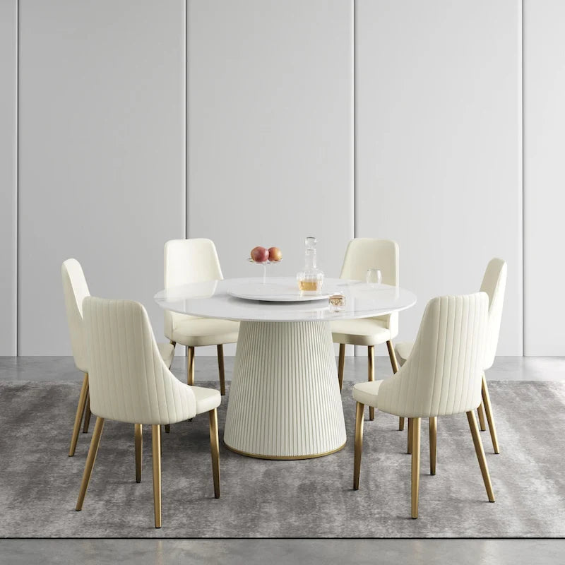 Table à manger ronde de 53 pouces pour 6 personnes avec plateau en pierre frittée et plateau tournant (Lazy Susan)