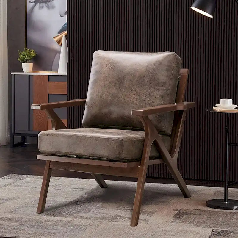 Fauteuil en cuir rembourré (cadre en bois massif, coussin amovible)