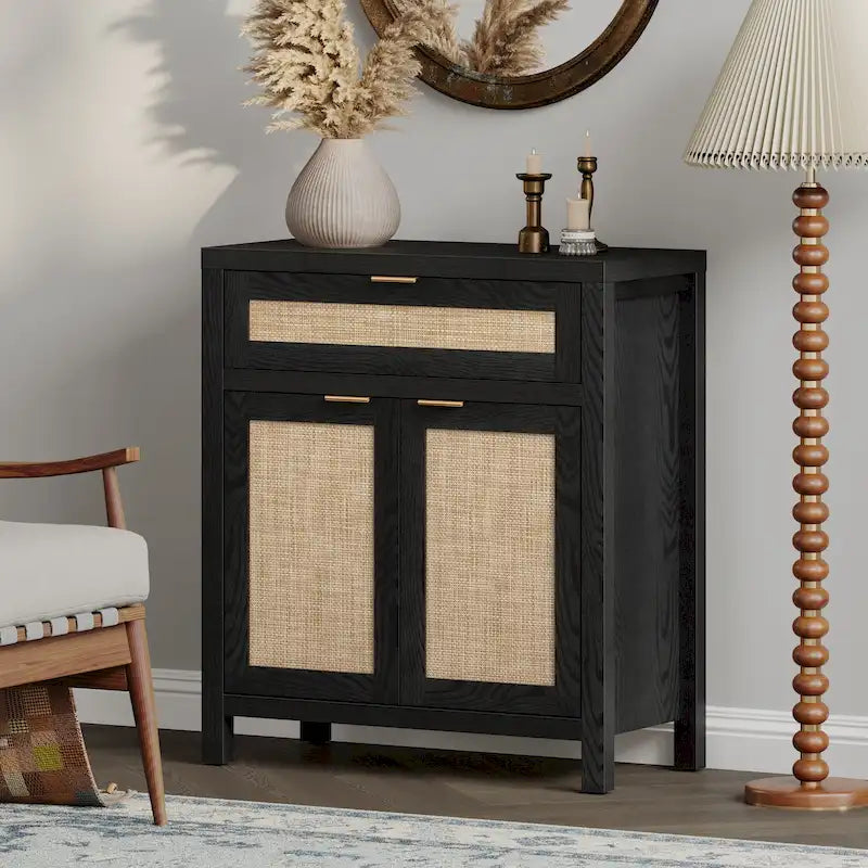 Buffet de rangement de style ferme en rotin avec tiroir