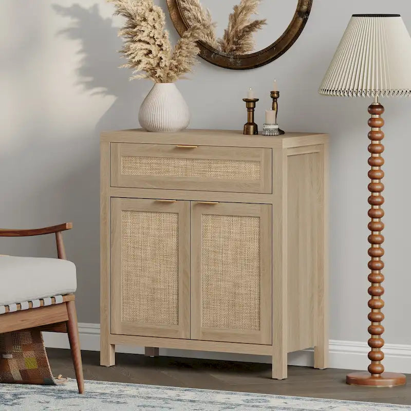 Buffet de rangement de style ferme en rotin avec tiroir
