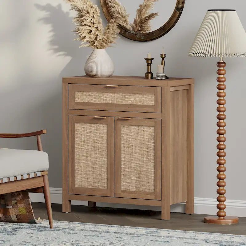 Buffet de rangement de style ferme en rotin avec tiroir