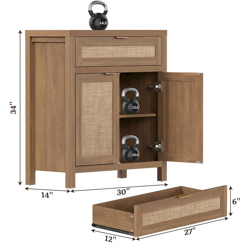 Buffet de rangement de style ferme en rotin avec tiroir