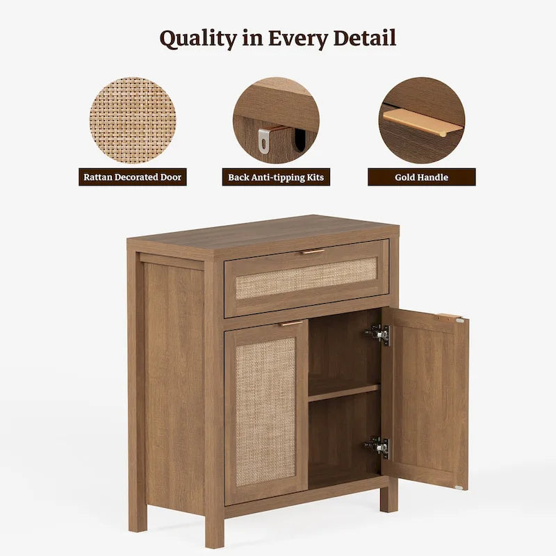 Buffet de rangement de style ferme en rotin avec tiroir