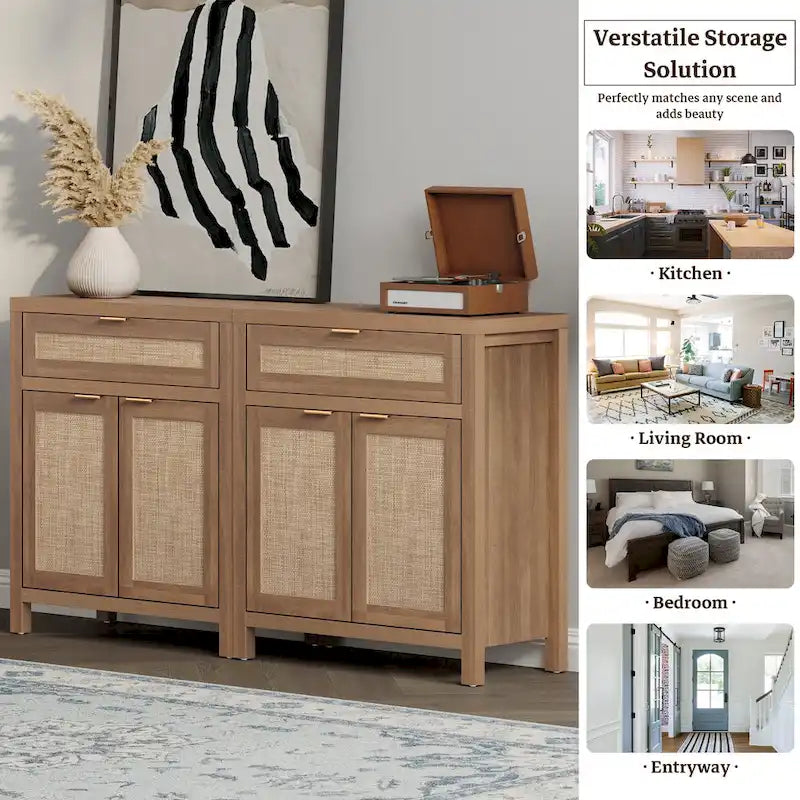 Buffet de rangement de style ferme en rotin avec tiroir
