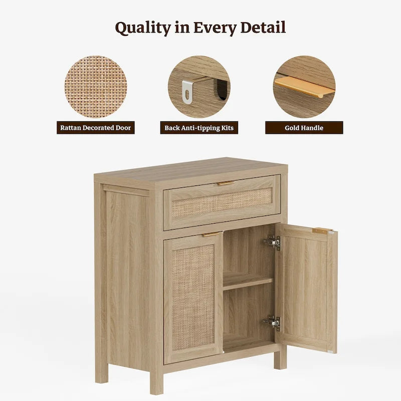 Buffet de rangement de style ferme en rotin avec tiroir