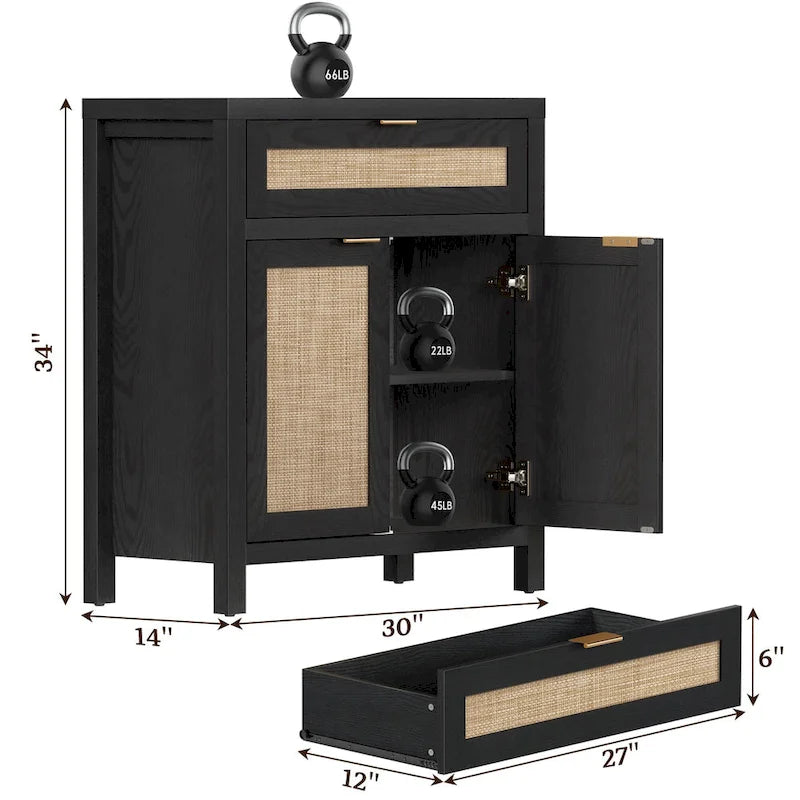 Buffet de rangement de style ferme en rotin avec tiroir